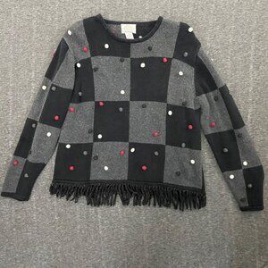 Vtg Christopher & Banks Hand-Embroidered Sweater Size Large Fringe Hem Pom Poms
